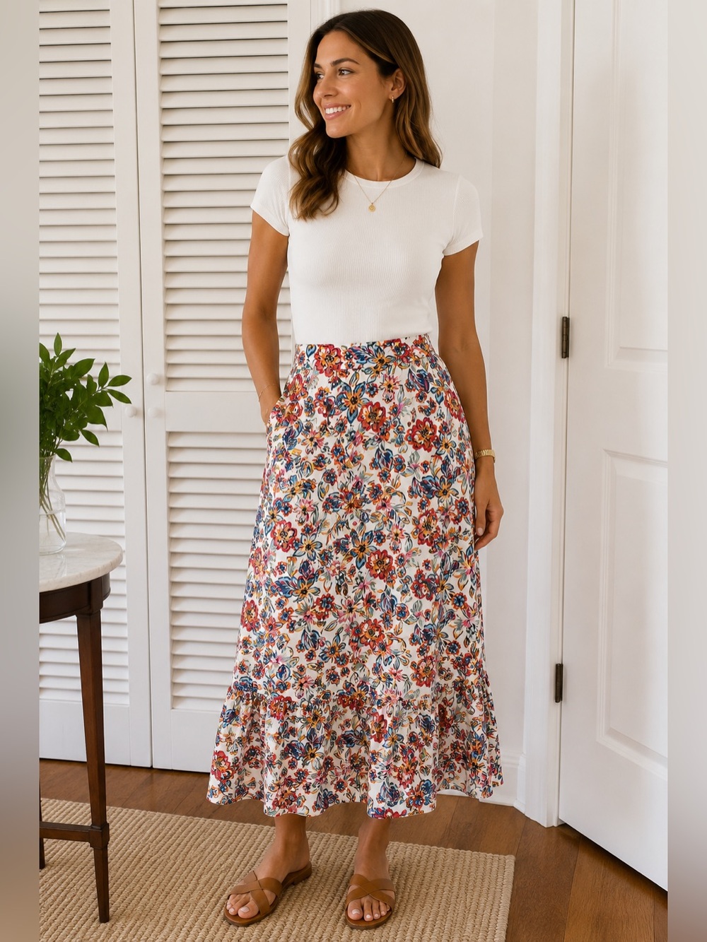 RACHEL Rachel Roy White Maxi Skirt with Red & Blue Floral Print